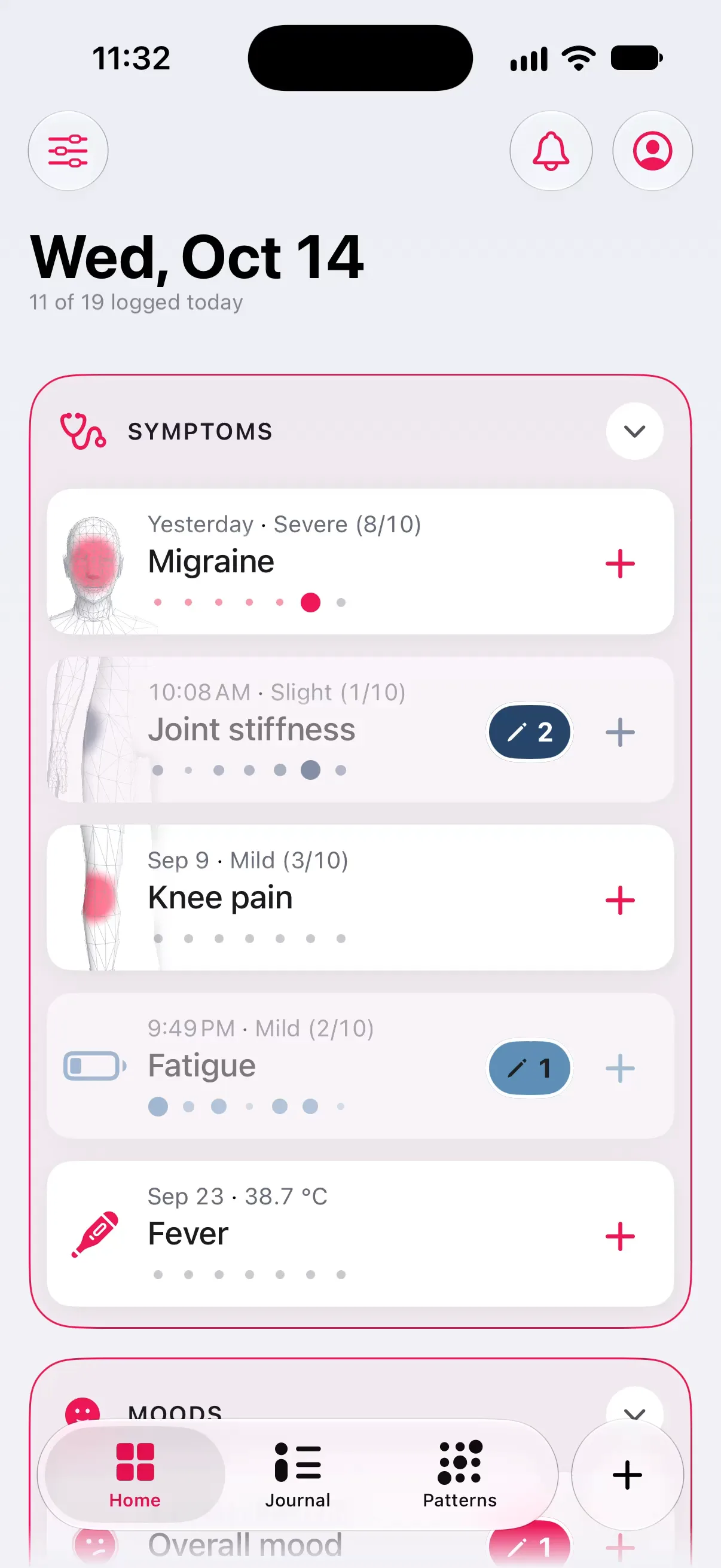 Longnote’s Home screen for Tuesday, 13 October, 3 of 16 trackers logged today. Migraine leads the Symptoms section at 8 of 10 with a small head on its card; joint stiffness, knee pain, fatigue and fever follow, each with a body thumbnail or icon and a plus button.
