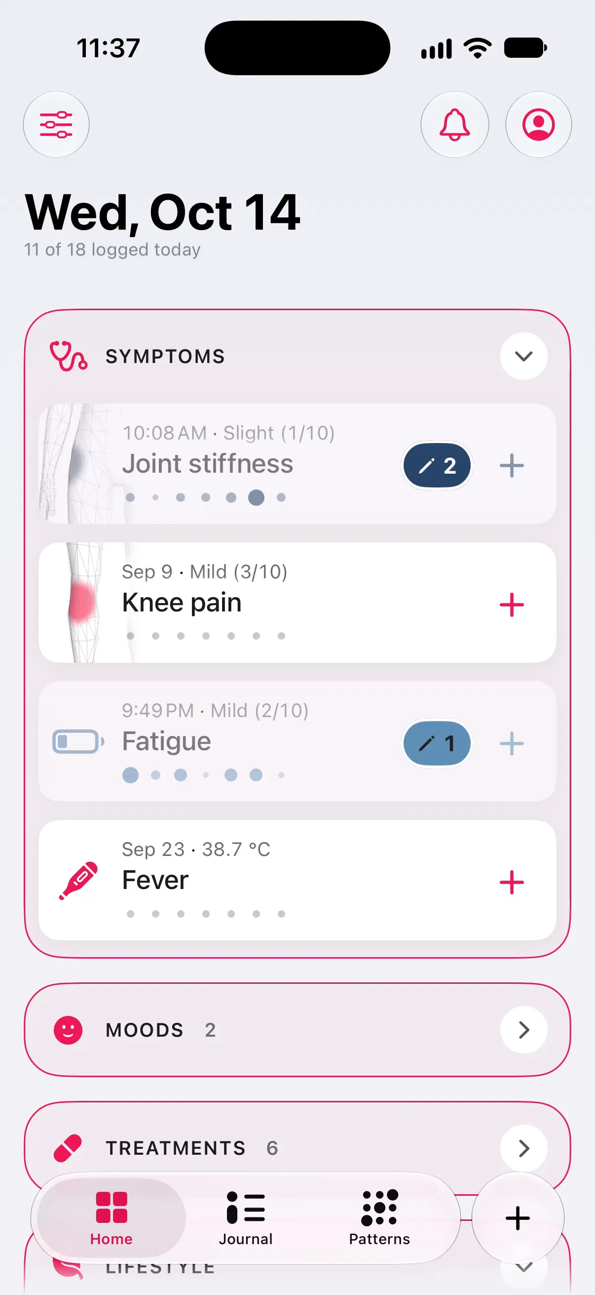 Longnote’s Home screen for Tuesday, 13 October, 3 of 15 trackers logged today: the Symptoms section with joint stiffness, knee pain, fatigue and fever, each card with a plus button that opens its logging sheet.