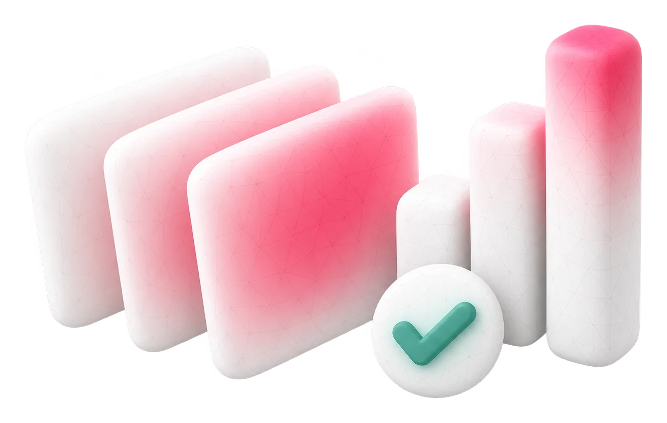 An illustration in soft white clay: three cards standing one behind the other, more strongly tinted from back to front, three columns rising beside them with the tallest one glowing raspberry, and a small round badge with a tick.