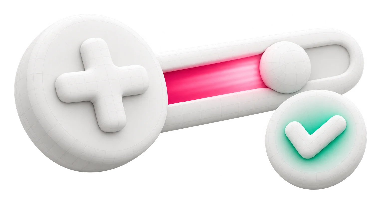 An illustration in soft white clay: a round plus button, a slider rail sweeping out from it with its knob two thirds along and a raspberry glow behind the knob, and a small round check mark.