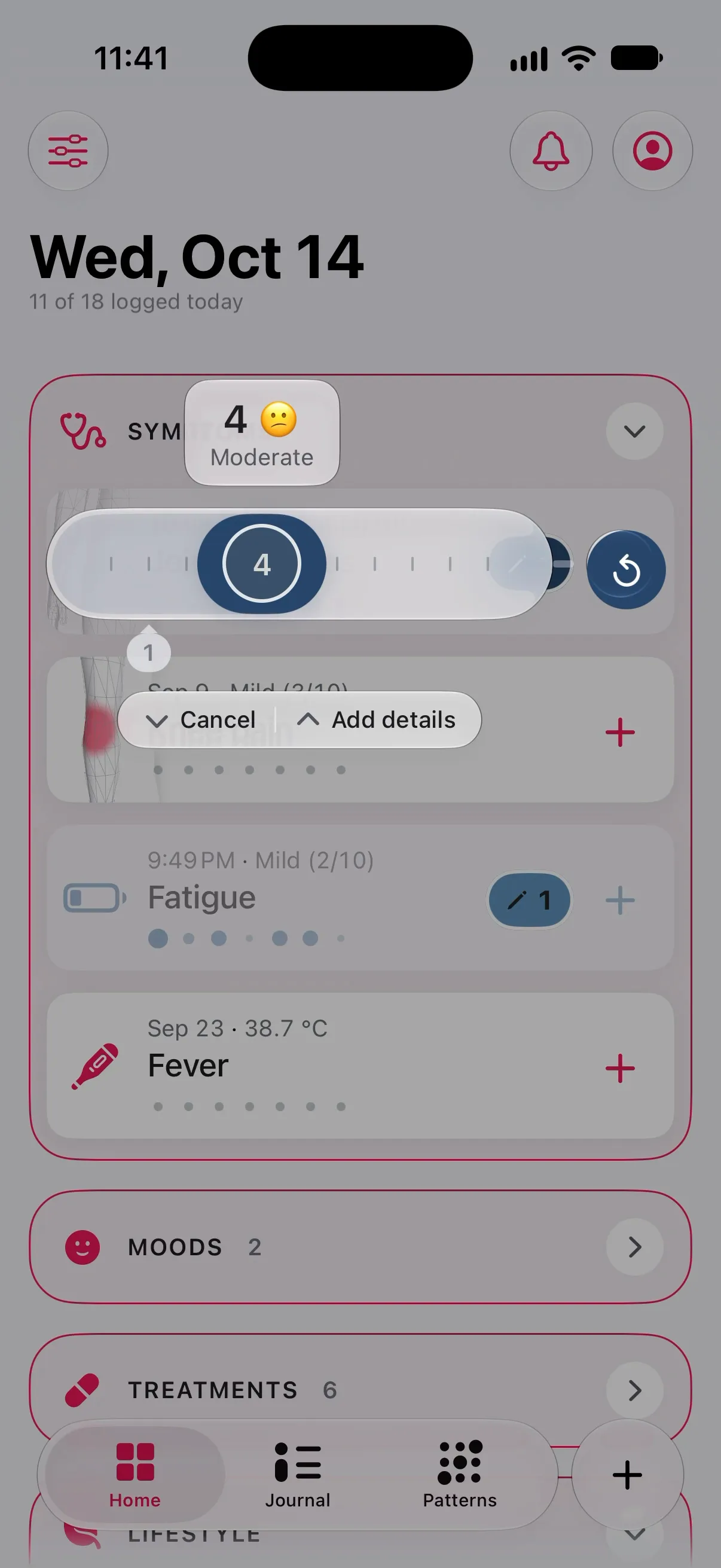Longnote’s Home screen mid-gesture: a finger holds the plus on Joint stiffness and has slid along the value rail that appears to 4, Moderate, with Cancel and Add details below it. Letting go logs it without opening a sheet.