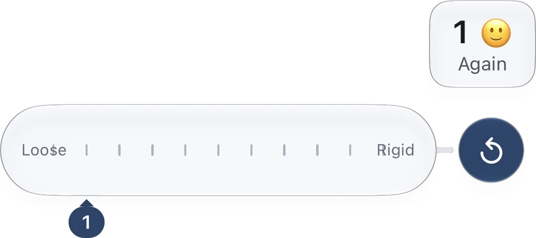 The quick-log rail just after a hold on Joint stiffness’s plus: a rail from Loose to Rigid with the last value, 1, marked under it, and at its end the Again head with a callout reading 1, Again.