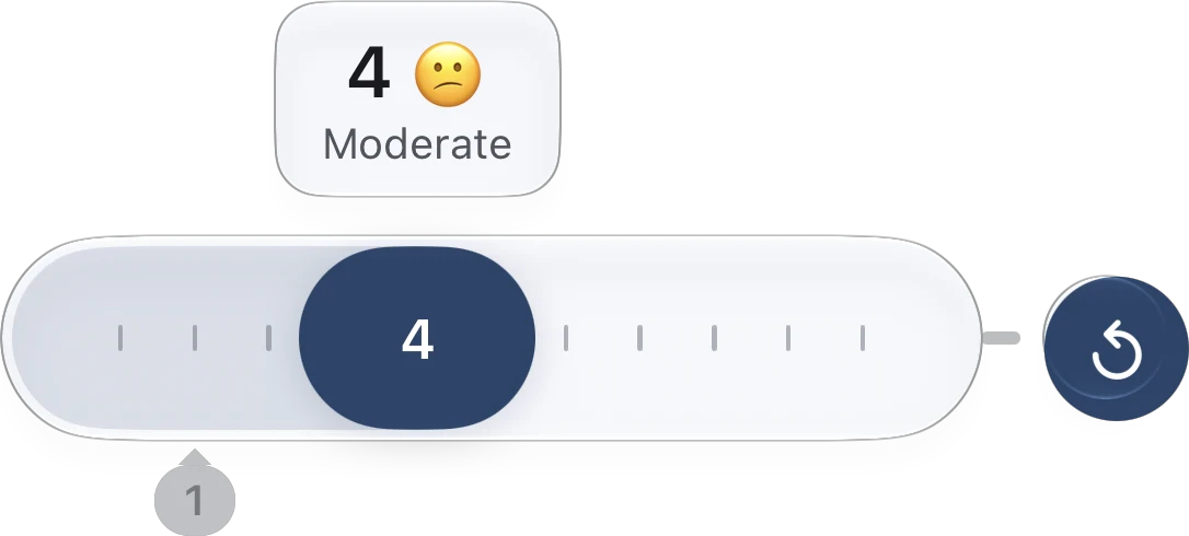 The quick-log rail mid-slide on Joint stiffness: the knob at 4, the rail filled up to it, a callout above reading 4, Moderate, and the last value, 1, marked under the rail.