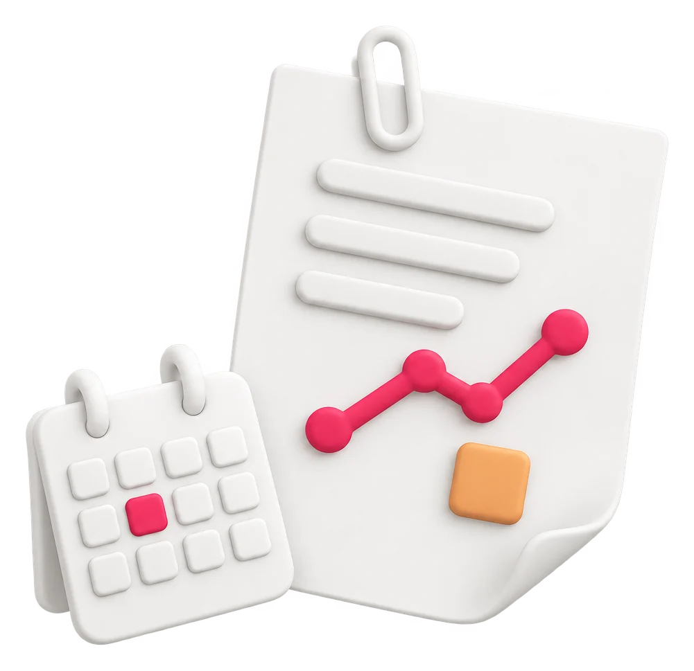 An illustration in soft white clay: a sheet of paper with a small rising chart glowing raspberry, a calendar tile with one day marked beside it, and a paper clip on the sheet’s edge.