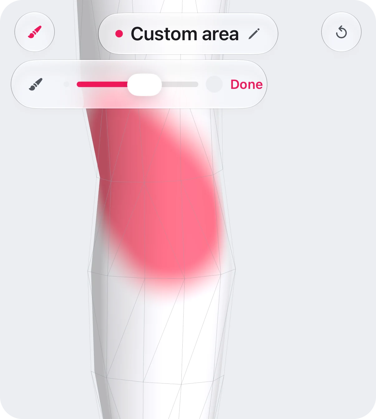 The area picker in Brush mode: a soft painted band across the left knee, with the brush-size slider above it.