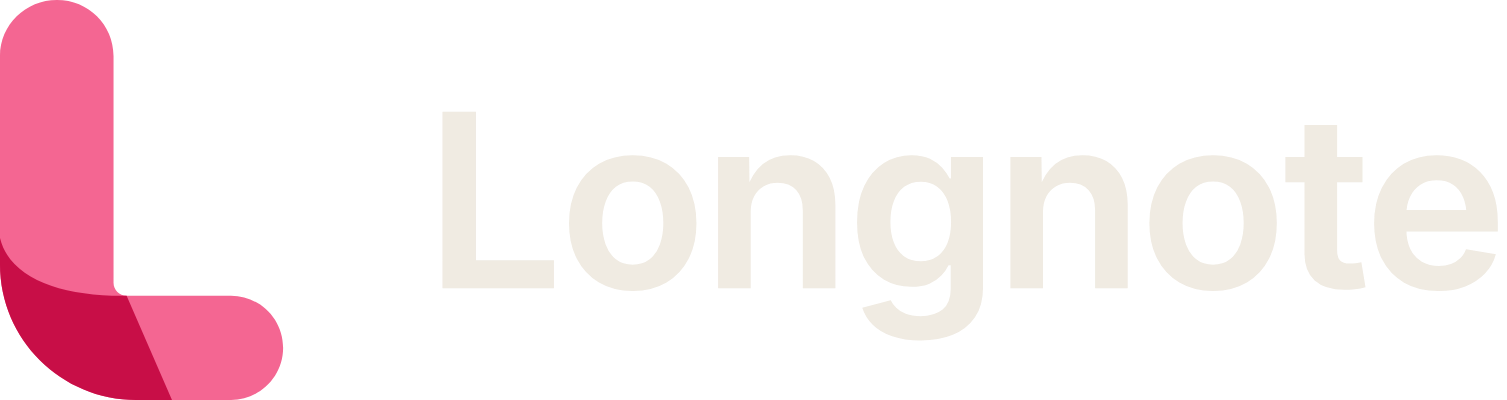 The Longnote logo for dark backgrounds: the folded ribbon L in pink, then the word Longnote in cream.