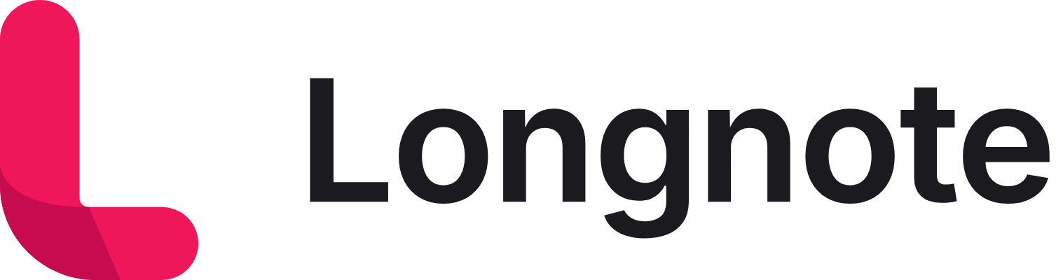 The Longnote logo: the folded ribbon L in raspberry pink, then the word Longnote in dark ink.